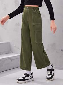 SHEIN Cô gái Lỏng lẻo phù hợp Học viện Phong cách Dệt Màu sắc Chặn Sọc Eo đàn hồi Quần ống rộng Với Nhiều Túi - xanh quân đội - Xem 4