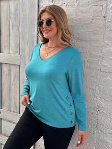 SHEIN LUNE 女款大尺寸 V 領扣裝飾 T 卹 - 軍綠色 - 查看 4