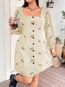 Flirla Damen Kleid In Übergröße Mit Blume Stickerei, Quadratischem Ausschnitt Und Einer Knopfleiste - Aprikosenfarben - Übersicht 3