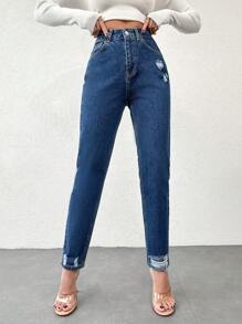 EURMUSE Ladies' Distressed Cone Shape Jeans ,Petite Women - Dark Wash - View 4