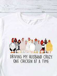 SHEIN LUNE Gà trống Slogan In Áo thun - trắng - Xem 3