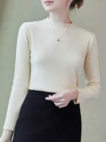 女士實色立領毛衣 - 杏色 - 查看 1