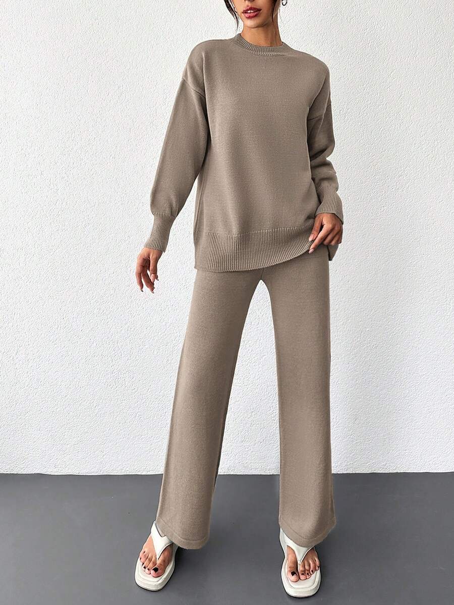Cloudara 2pcs/set Women's Solid Color Round Neck Drop Shoulder Sweater And Knitted Straight Pants - Krem - View 1
