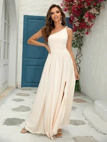 Joyfunear 女士纯色不对称领口高开叉派对连衣裙 - 杏色 - 查看 4