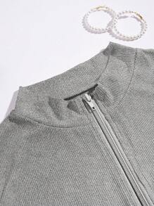 SHEIN EZwear 女士實色拉鍊無袖背心,半開放領口設計 - 灰色 - 查看 4