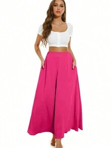 Falda tipo línea A casual/para el trabajo de unicolor con bolsillos laterales para mujer - Rosa Fucsia - Ver 3