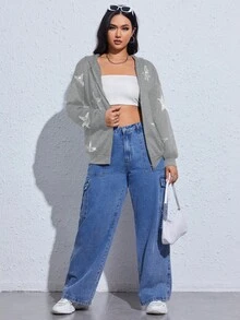 SHEIN EZwear 大码拉链星形图案卫衣 - 灰色 - 查看 3