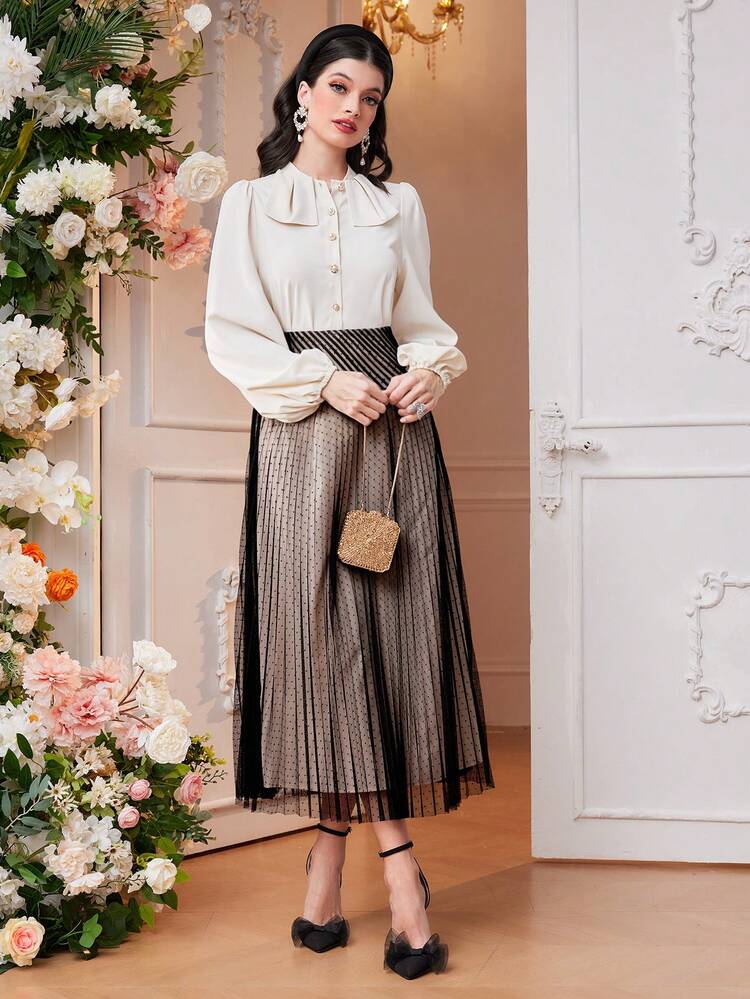 Women'S Mesh Pleated High Waisted Skirt