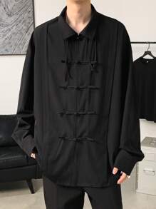 Claim Dot 男士春夏秋季休闲中国风纯色韩版时尚纽扣长袖立领衬衫，适合外出，秋季 - 黑色 - 查看 8