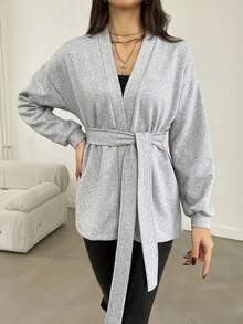 SHEIN Cottnline Của phụ nữ Thắt lưng Lỏng dài Tay áo áo - Xám - Xem 4