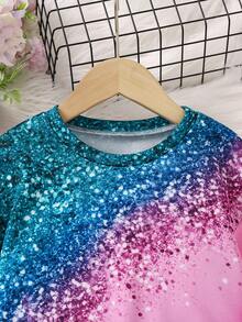 SHEIN 幼兒女童閃爍印花及彩色拼接運動衫和打底褲套裝 - 彩色 - 查看 5