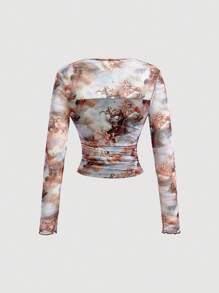 SHEIN MOD Full Printed Pleated Long Sleeve T-Shirt - Multicolor - View 2