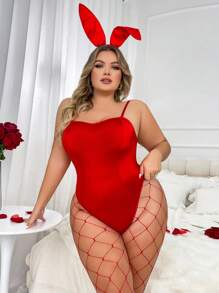 Plus Size Bodystocking, Headwear, And Fishnet Stockings Set - Sexy Lingerie - Red - View 3