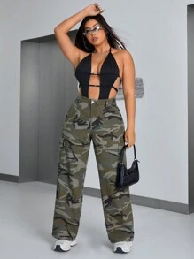 SHEIN ICON 大碼女性迷彩水洗直筒牛仔褲,不彈性 - 彩色 - 查看 5