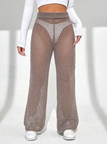 SHEIN Unity 1pc High-Waisted Eyelet Knit Trousers - Mocha Brown - View 5