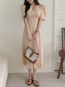 DAZY 女款荷葉邊純色羊腿袖連身裙 - 卡其色 - 查看 5