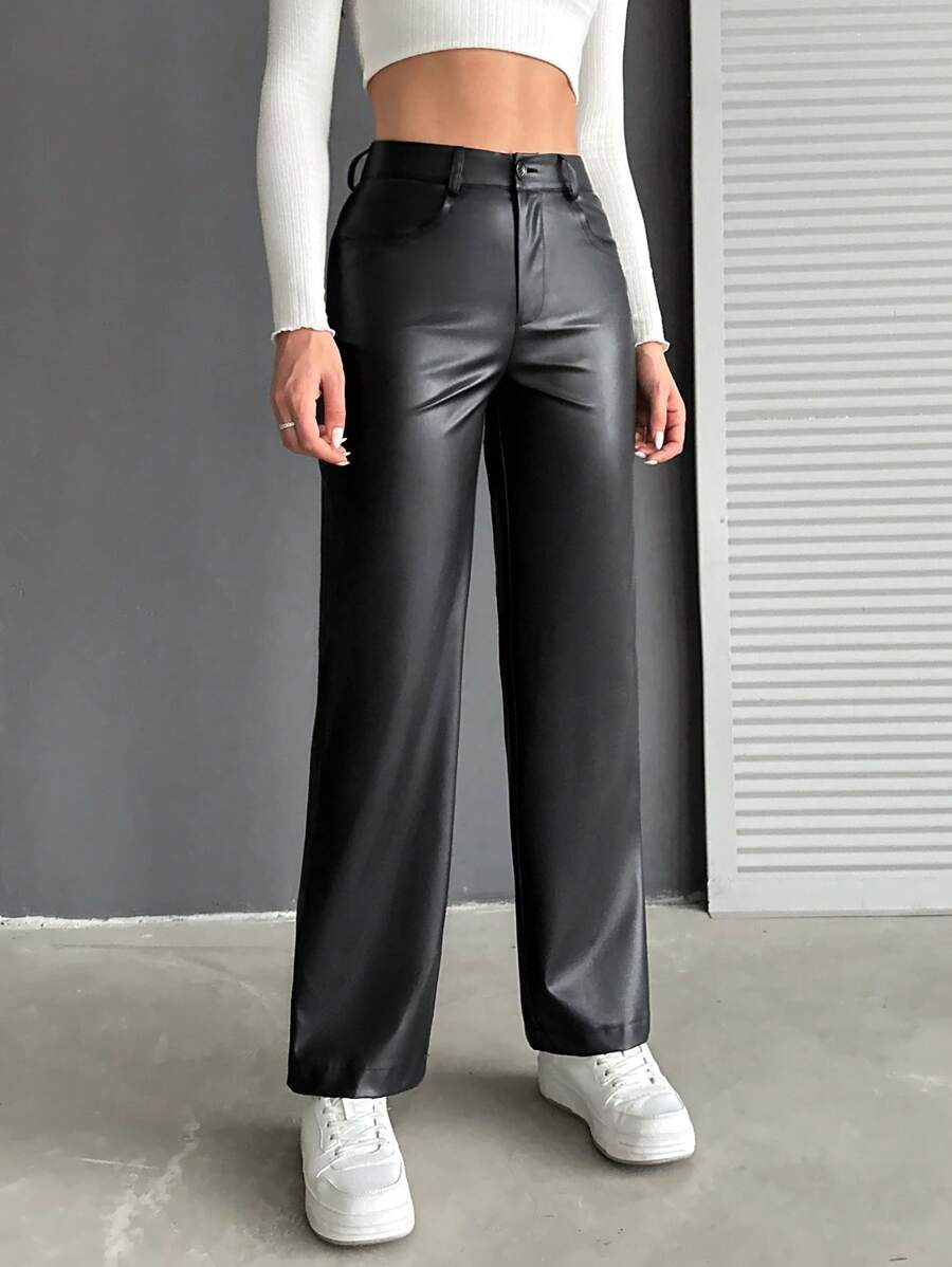 EURMUSE Women's Pu Leather Trousers - Black - View 1