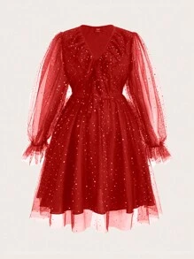 Flirla Plus Size Women's Sparkly Mesh Dress - Burgundy - View 1