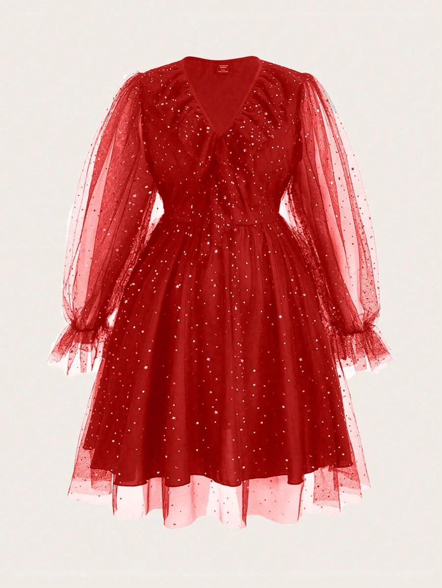 Flirla Plus Size Women's Sparkly Mesh Dress - Burgundy - View 1