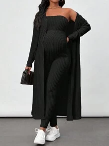 SHEIN Maternity Solid Color Strapless Bodycon Jumpsuit And Open Front Coat 2pcs/Set - Black - View 6