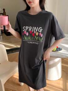 DAZY Women's Home Wear T-Shirt Dress With Tulip Pattern, Moo Moo Lounge Dress Pajama - Grey - View 6