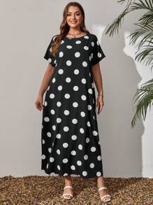 EMERY ROSE Plus Size Women's Black And White Polka Dot Long Dress For Spring For Summer