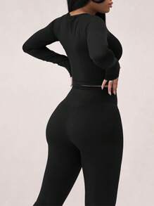 女士休闲纯色长袖上衣和裤子两件套，春秋