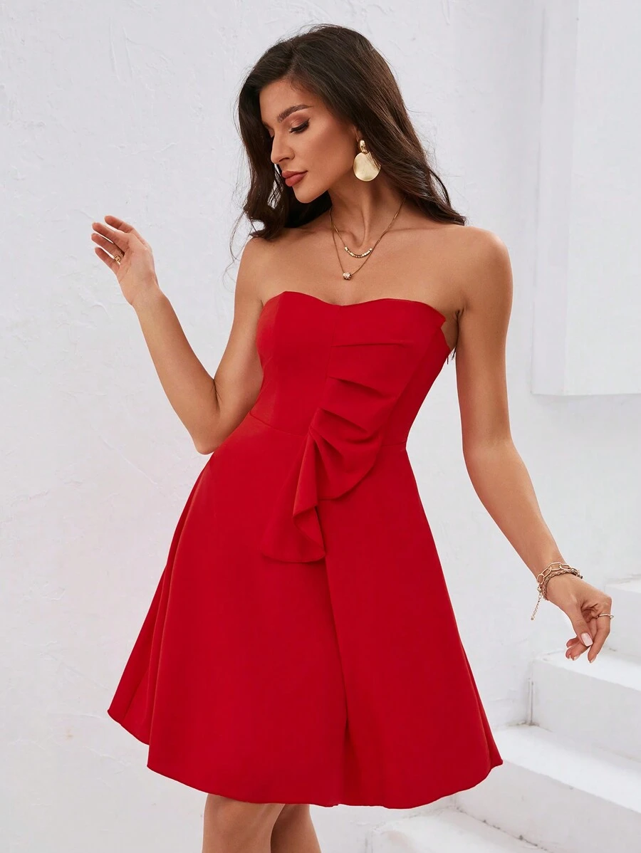 GENKIRA Của phụ nữ Off Shoulder Viền Ruffle Váy bodycon - Đỏ - Xem 1