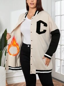 SHEIN EZwear 女士大尺碼字母拼接棒球外套 - 卡其色 - 查看 1