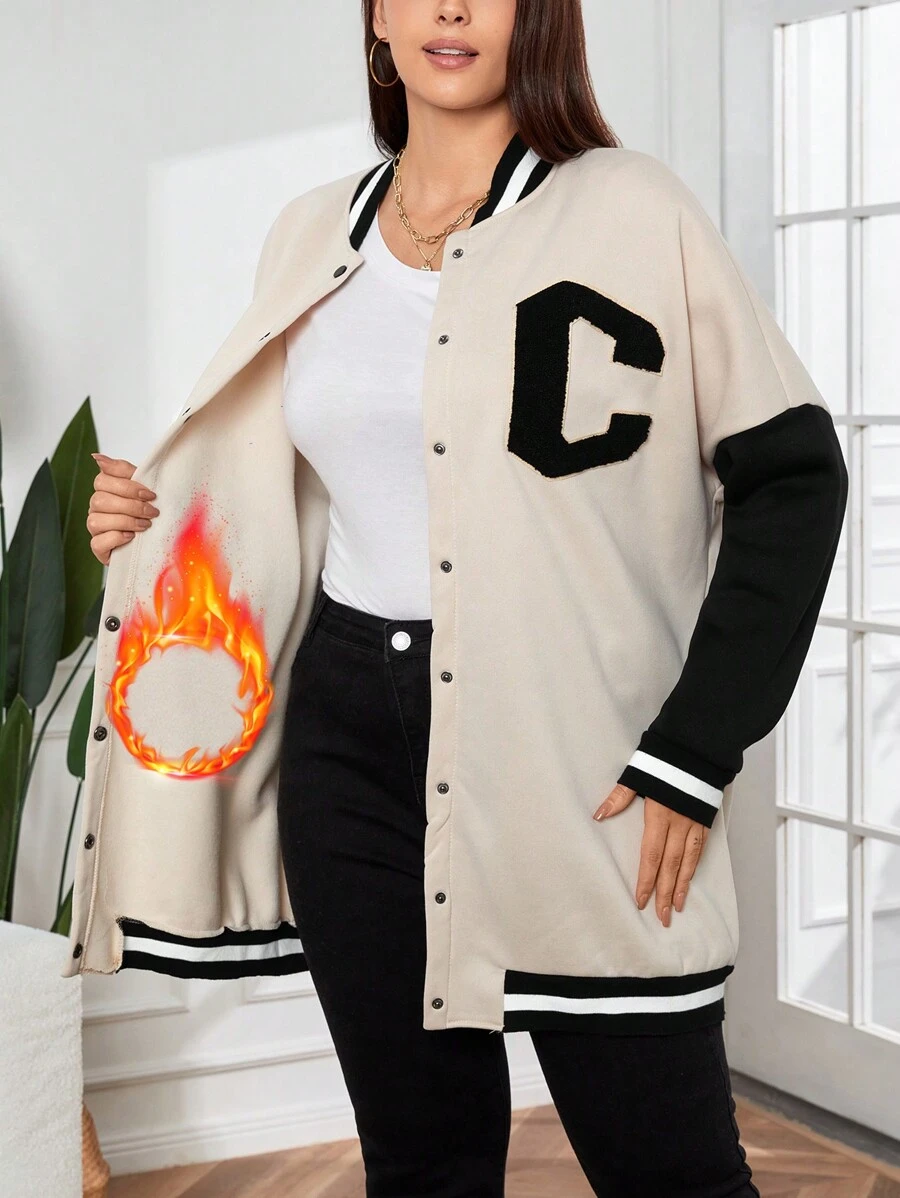 SHEIN EZwear 女士大尺碼字母拼接棒球外套 - 卡其色 - 查看 1