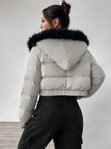 SHEIN EZwear Women's Hooded Padded Parka Jacket With Fur Collar - Grey - View 2