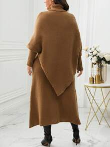 Calvaya Women's Plus Size Solid Color Turtleneck Batwing Sleeve Sweater And Skirt Set