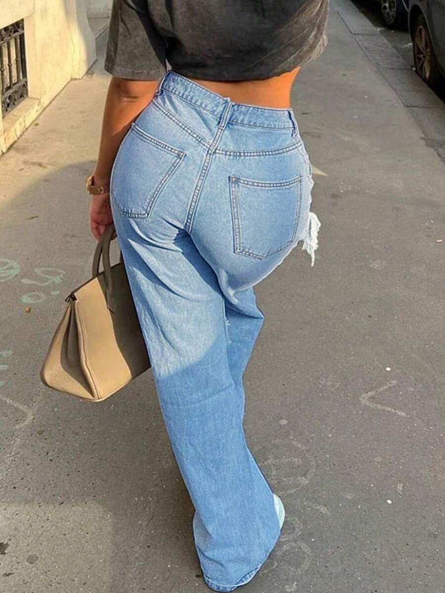 American Style Casual Loose Street Ripped Hole Women's Jeans - 中等水洗藍 - 查看 1