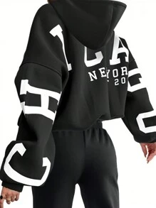 INAWLY Women's Letter Printed Hoodie And Pants Set,Ladies Casual Drawstring,Pocket Regular Fit Black Drop Shoulder Sweatshirt Sweatpants Women Two-Piece Outfits,Spring/Fall,Casual Daily Wear