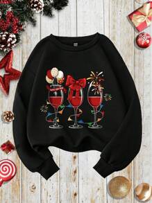 SHEIN LUNE 女款加大碼卡通印花新年酒杯圓領寬鬆運動衫 - 黑色 - 查看 1