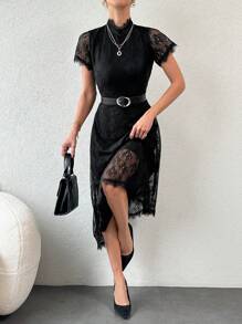 RueChic Abito Da Donna Con Collo A Camicia In Pizzo E Orlo Asimmetrico