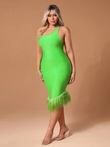 SHEIN SXY New Years Plus Size One Shoulder Elegant Bandage Prom Dress With Furry Trim - Green - View 5