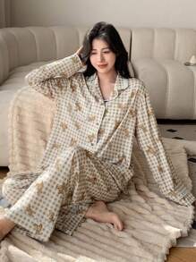 DAZY 2pcs/Set Plaid Teddy Bear Pattern Long Sleeve Top & Pants Pajama Set - Khaki - View 7
