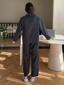 DAZY 2 件套女士格子刺绣图案长袖长裤睡衣套装，秋季衣服 - 藏蓝色 - 查看 2