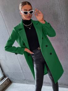 SHEIN Unity 純色翻領雙排扣毛呢大衣 - 墨綠色 - 查看 3