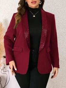 SHEIN Clasi 大尺碼女款亮片拼布長袖西裝外套 - 酒紅色 - 查看 3