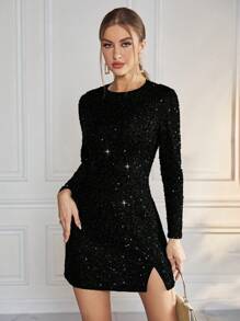 SHEIN Privé 女款圓領長袖亮片連身裙 - 黑色 - 查看 1