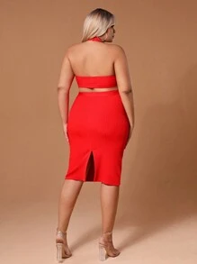SHEIN SXY Haut Dos Nu Rouge Et Jupe Crayon Rouge Solide Pour Le Nouvel An, Taille Plus - Rouge - Voir 6