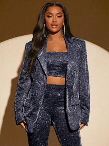 SHEIN SXY Blazer Brillante Para Mujeres - Azul Marino - Ver 1