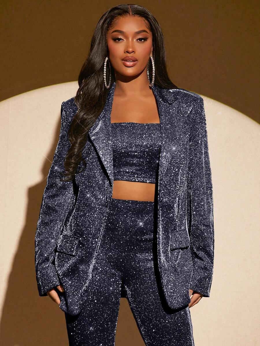 SHEIN SXY Blazer Brillante Para Mujeres - Azul Marino - Ver 1