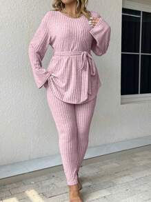 SHEIN LUNE 大尺寸純色羅紋針織兩件套 - 粉色 - 查看 3