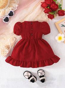 SHEIN Baby Girls Elegant Ruffled Crisscross Short Sleeve Dress - Burgundy - View 2