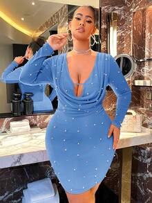 SHEIN SXY 女士加大號風琴領鑲珠貼身連身裙 - 淺藍色 - 查看 6