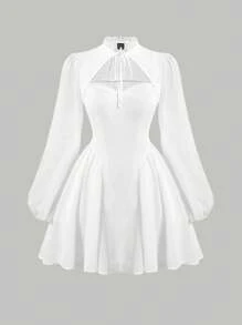SHEIN MOD 女用頸部繫帶燈籠袖連身裙 - 白色 - 查看 1