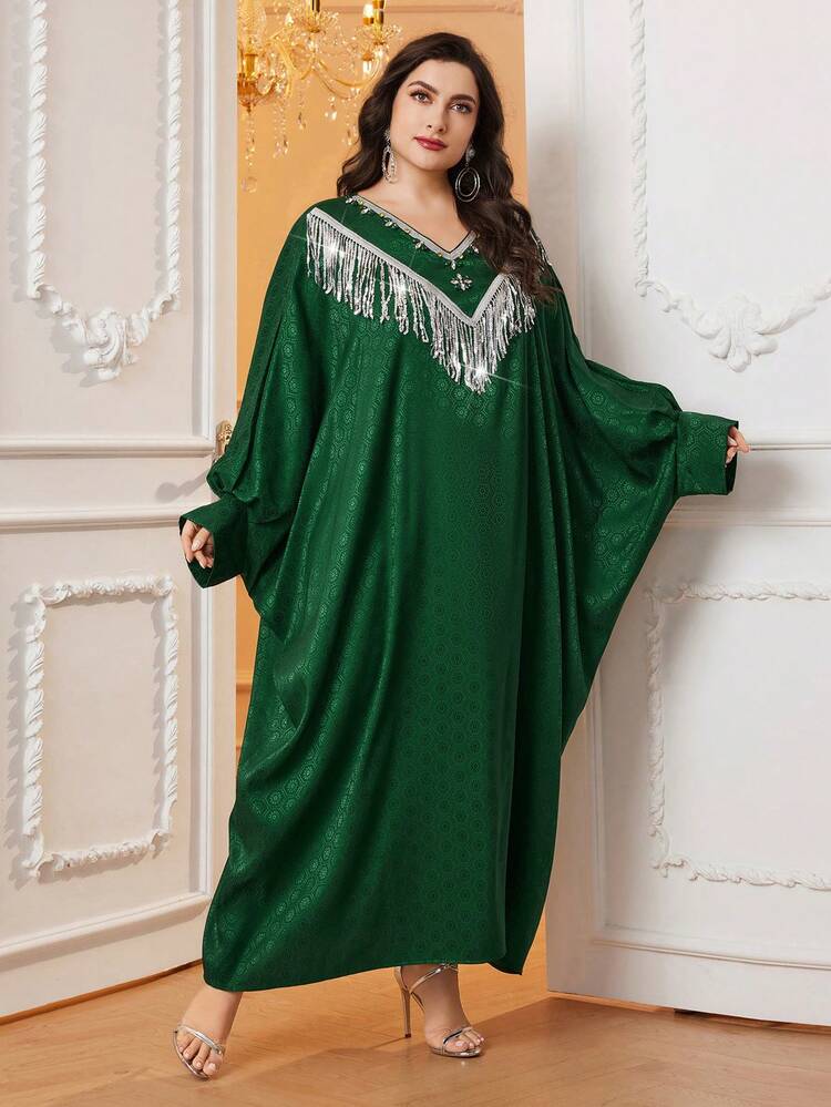 Plus Size Women'S Sequin & Fringe Patchwork Batwing Sleeve Dress, Elegant Evening Party Dress Kaftan Jalabiya Dress